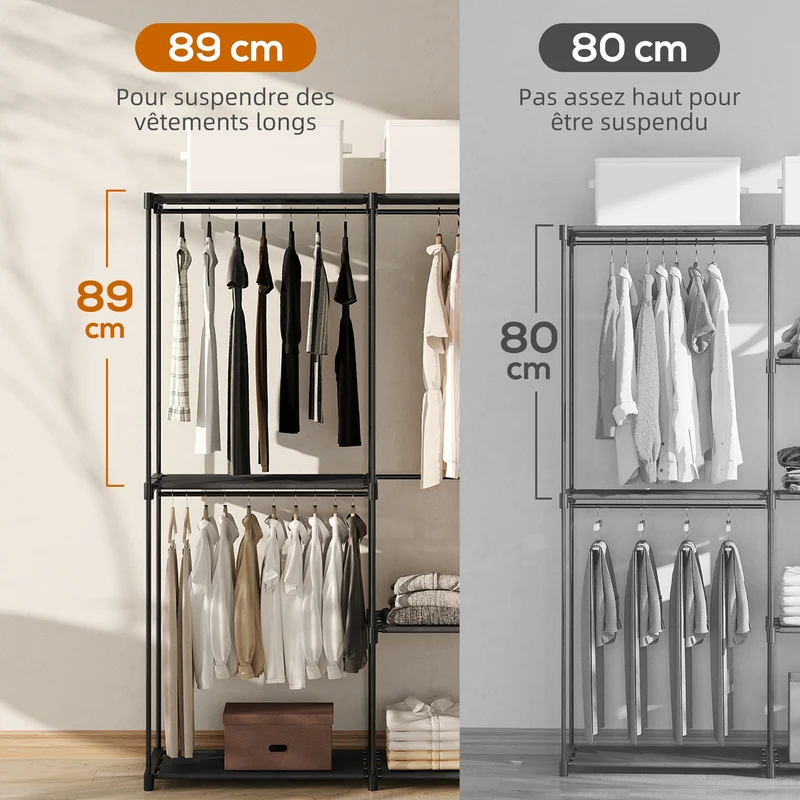 Armoire de rangement portable penderie 111 x 43 x 185 cm 6 étagères 2 tringles gain de place design épuré en métal noir 21_0005890