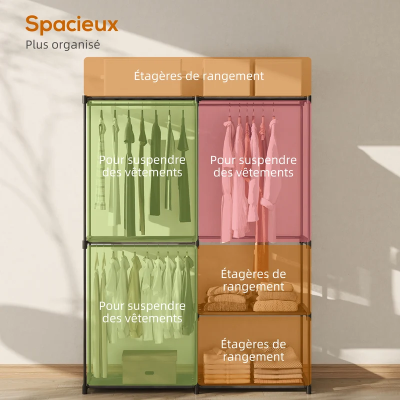 Armoire de rangement portable penderie 111 x 43 x 185 cm 6 étagères 2 tringles gain de place design épuré en métal noir 21_0005890