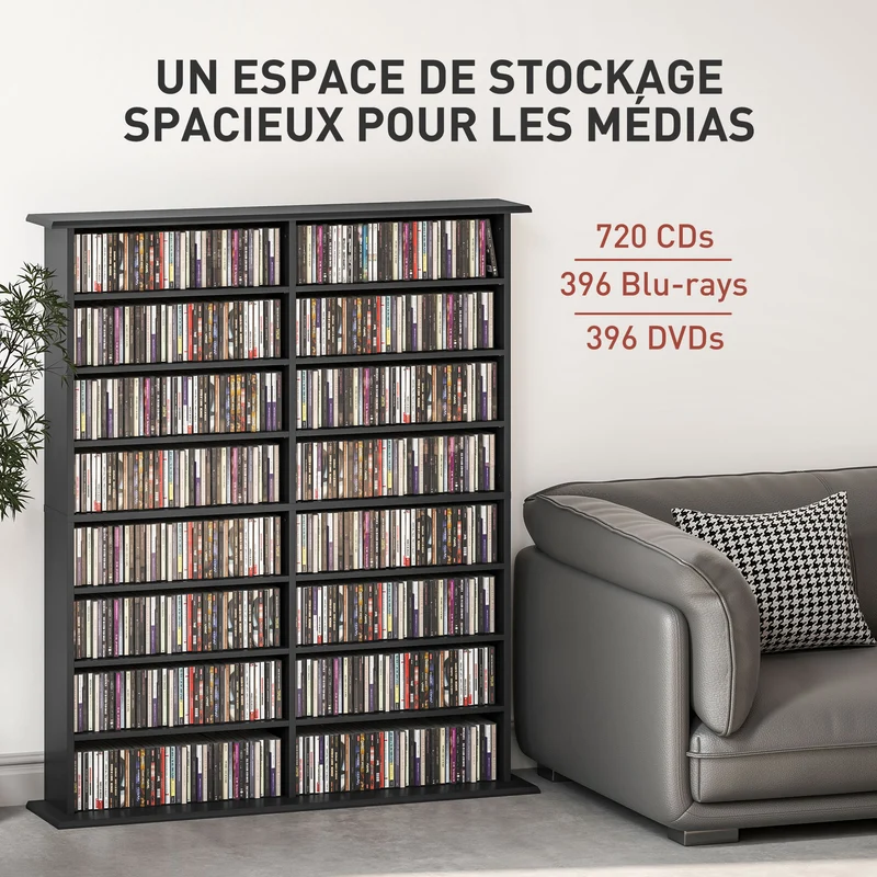 Étagère de rangement cd dvd profil étroit étagères réglables épuré 106.5 x 24 x 126.3 cm en panneau de particules noir 21_0002513