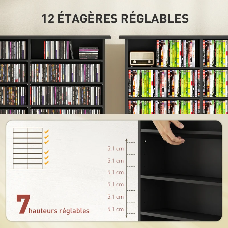 Étagère de rangement cd dvd profil étroit étagères réglables épuré 106.5 x 24 x 126.3 cm en panneau de particules noir 21_0002513
