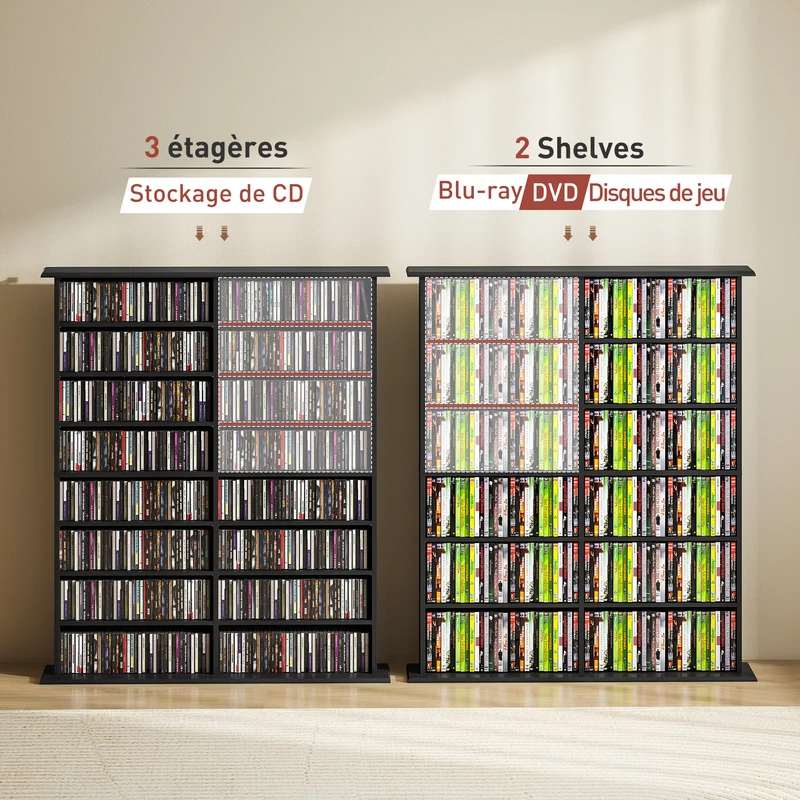 Étagère de rangement cd dvd profil étroit étagères réglables épuré 106.5 x 24 x 126.3 cm en panneau de particules noir 21_0002513