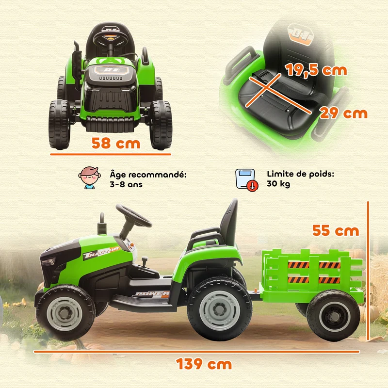 Tracteur électrique enfants remorque amovible 139 x 58 x 55 cm 2 modes télécommande siège ergonomique design en PP vert 21_0000610