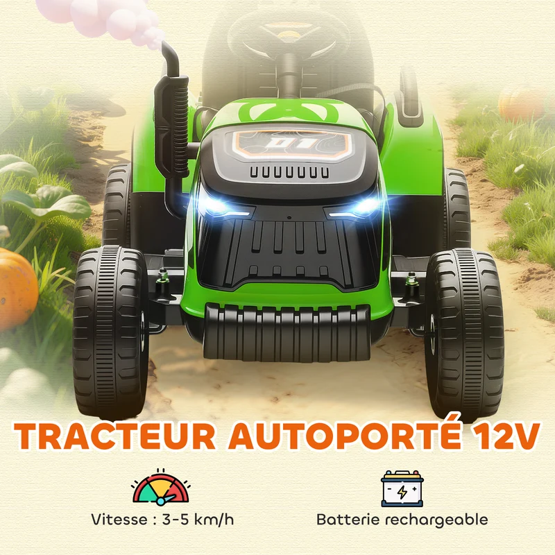 Tracteur électrique enfants remorque amovible 139 x 58 x 55 cm 2 modes télécommande siège ergonomique design en PP vert 21_0000610