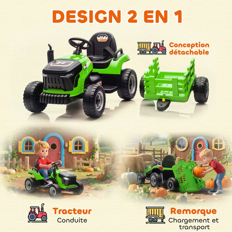 Tracteur électrique enfants remorque amovible 139 x 58 x 55 cm 2 modes télécommande siège ergonomique design en PP vert 21_0000610