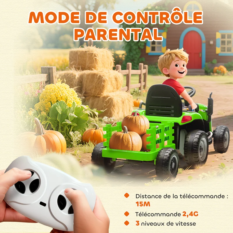 Tracteur électrique enfants remorque amovible 139 x 58 x 55 cm 2 modes télécommande siège ergonomique design en PP vert 21_0000610