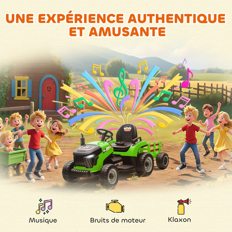 Tracteur électrique enfants remorque amovible 139 x 58 x 55 cm 2 modes télécommande siège ergonomique design en PP vert 21_0000610
