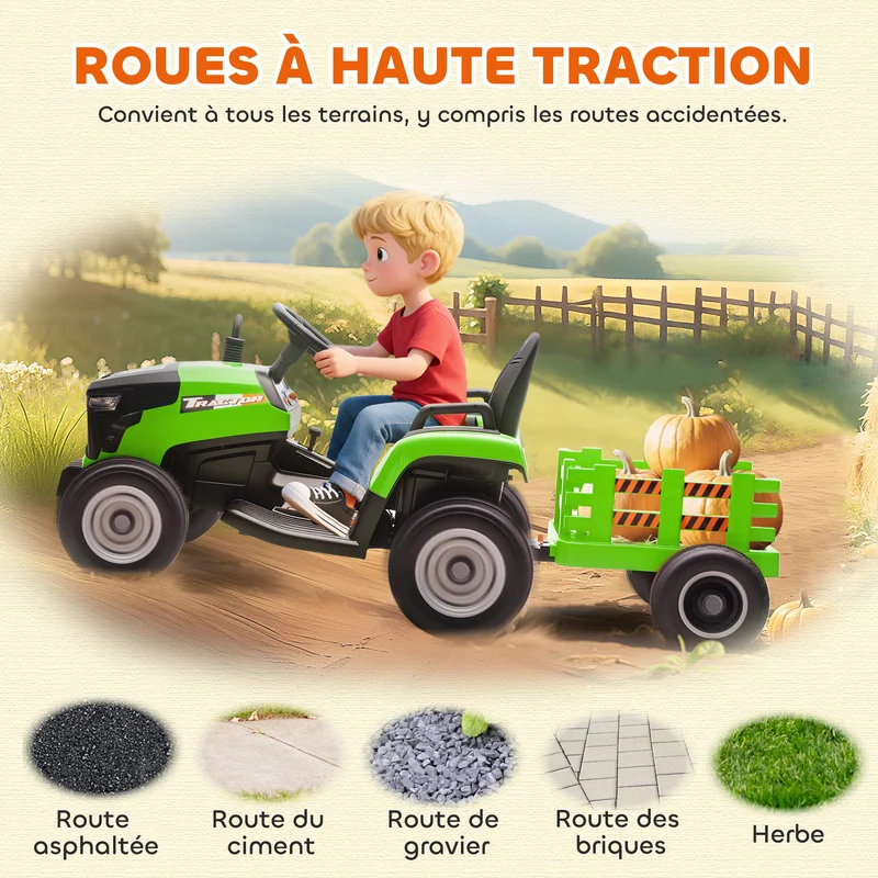 Tracteur électrique enfants remorque amovible 139 x 58 x 55 cm 2 modes télécommande siège ergonomique design en PP vert 21_0000610