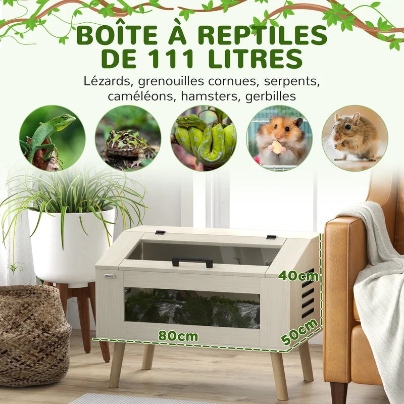 Terrarium reptiles 80 x 50 x 60 cm observation ventilation optimale scandinave en panneau de particules bois naturel 21_0007843