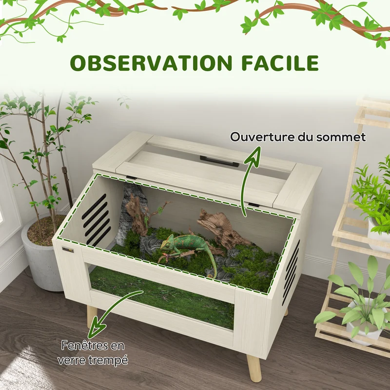 Terrarium reptiles 80 x 50 x 60 cm observation ventilation optimale scandinave en panneau de particules bois naturel 21_0007843