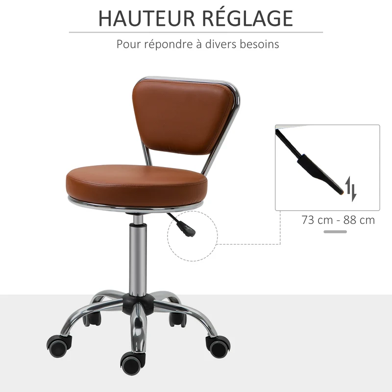 Tabouret de massage rond 45 x 47 x 73-88 cm assise réglable 49-64 cm dossier ergonomique roulettes vintage en PU marron 21_0000775