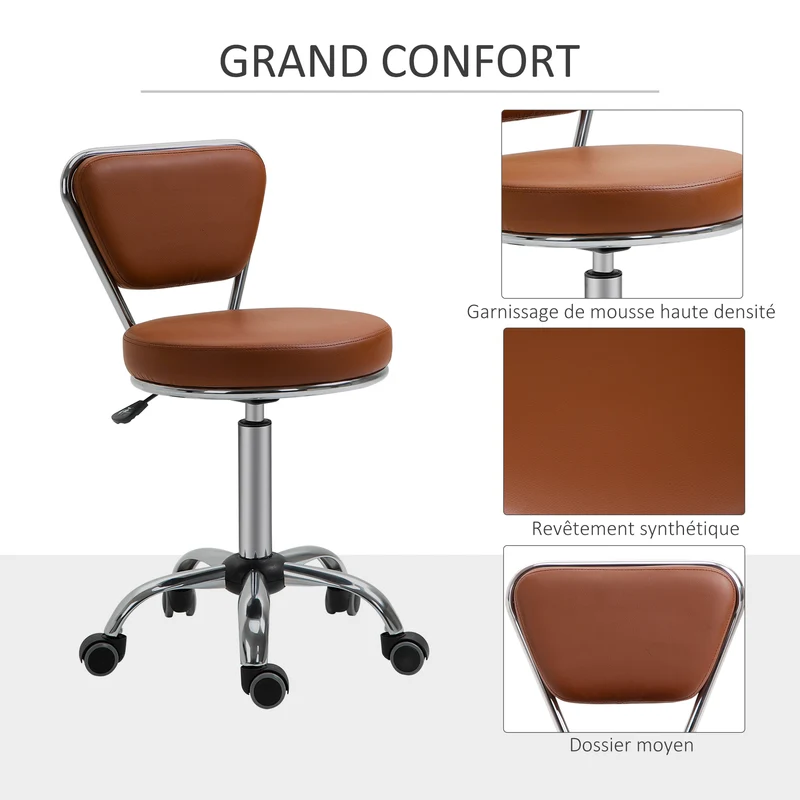 Tabouret de massage rond 45 x 47 x 73-88 cm assise réglable 49-64 cm dossier ergonomique roulettes vintage en PU marron 21_0000775