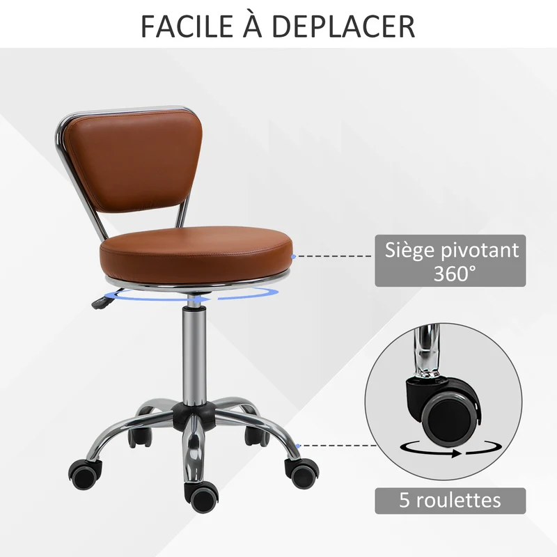 Tabouret de massage rond 45 x 47 x 73-88 cm assise réglable 49-64 cm dossier ergonomique roulettes vintage en PU marron 21_0000775