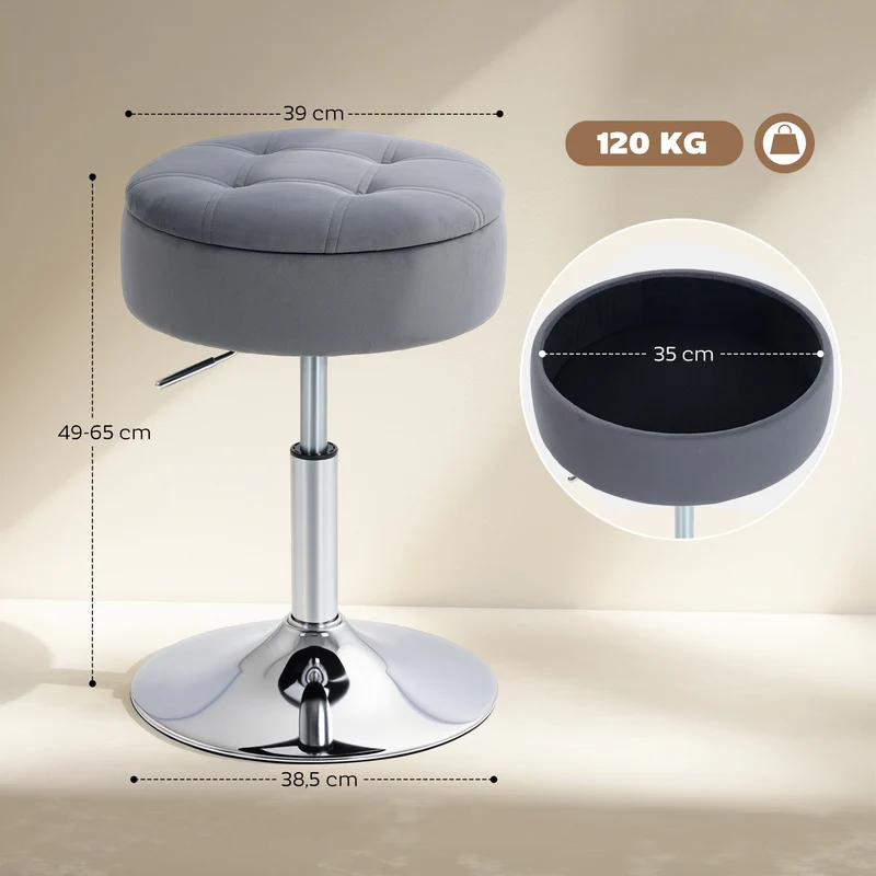Tabouret de coiffeuse pivotant hauteur réglable 39 x 39 x 49-65 cm rangement caché capitonné moderne en velours gris 21_0003363