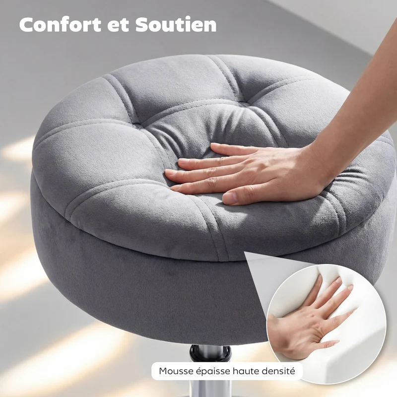 Tabouret de coiffeuse pivotant hauteur réglable 39 x 39 x 49-65 cm rangement caché capitonné moderne en velours gris 21_0003363