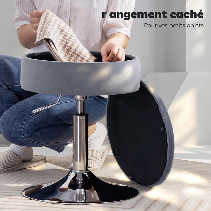 Tabouret de coiffeuse pivotant hauteur réglable 39 x 39 x 49-65 cm rangement caché capitonné moderne en velours gris 21_0003363