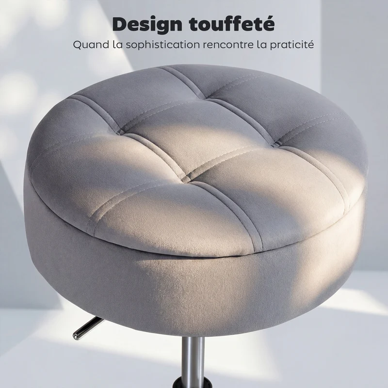 Tabouret de coiffeuse pivotant hauteur réglable 39 x 39 x 49-65 cm rangement caché capitonné moderne en velours gris 21_0003363