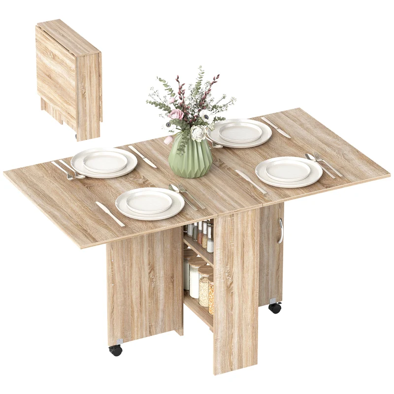 Table à manger pliante sur roulettes 140 x 75 x 74 cm gain de place moderne cuisine en panneau de particules naturel 21_0002166