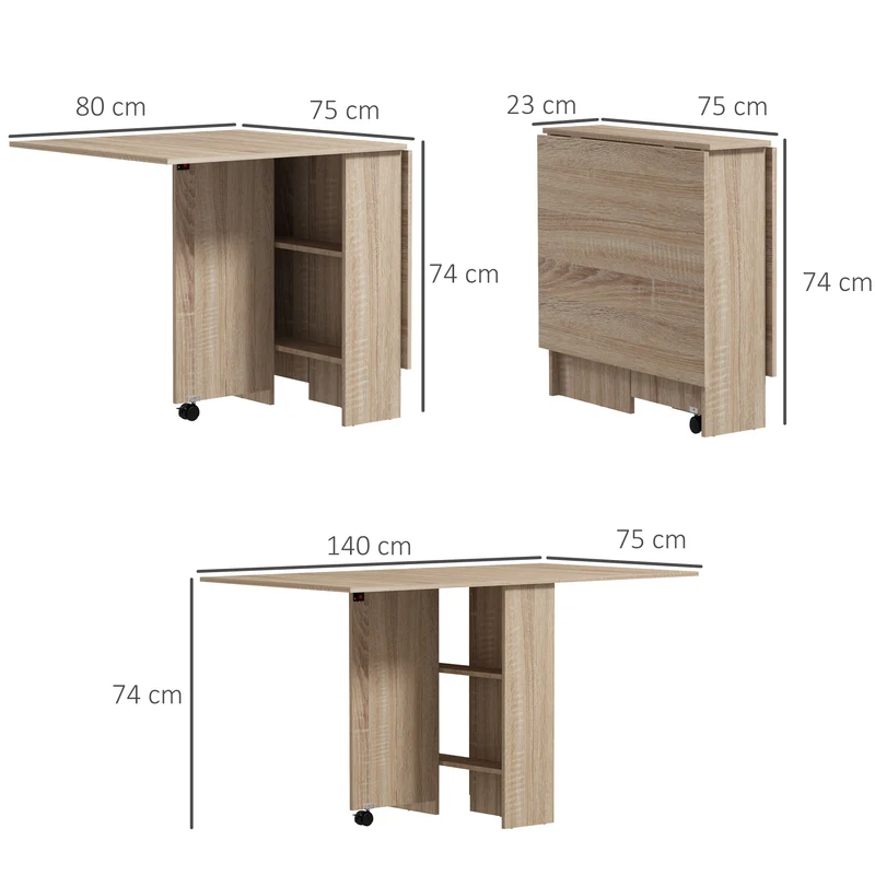 Table à manger pliante sur roulettes 140 x 75 x 74 cm gain de place moderne cuisine en panneau de particules naturel 21_0002166