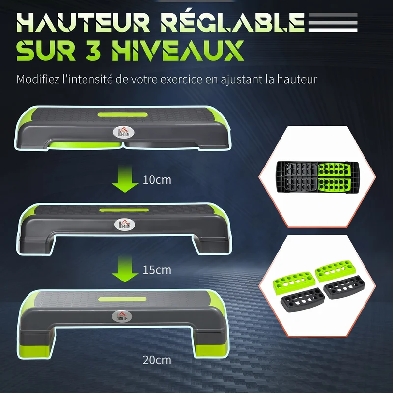 Step aérobie fitness plateau antidérapant 78 x 28 x 20 cm hauteur réglable 3 niveaux moderne contemporain en PP vert 21_0006712
