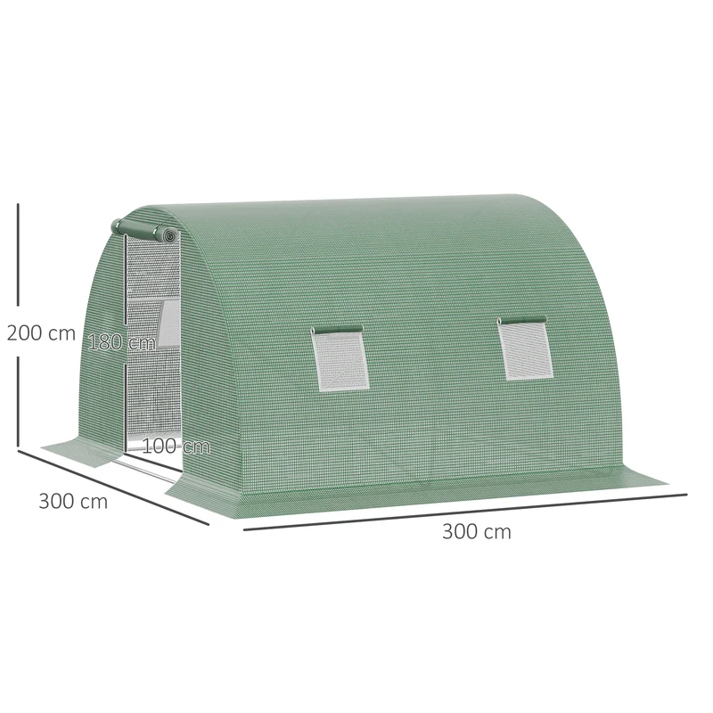 Serre de jardin tunnel 3 x 3 x 2 m protection anti uv porte zippée accès facile style moderne ambiance cosy en pe vert 21_0004245