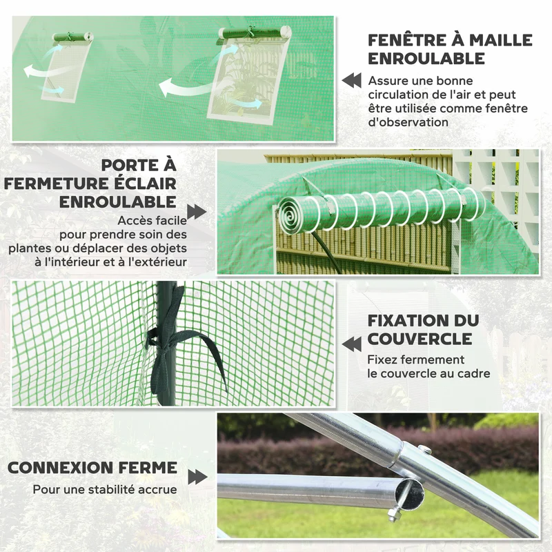 Serre de jardin tunnel 3 x 3 x 2 m protection anti uv porte zippée accès facile style moderne ambiance cosy en pe vert 21_0004245