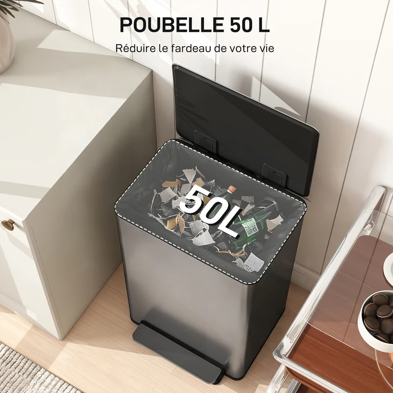 Poubelle de cuisine à pédale 42 x 37 x 62 cm fermeture douce seau amovible moderne épuré en acier inoxydable argenté 21_0005931