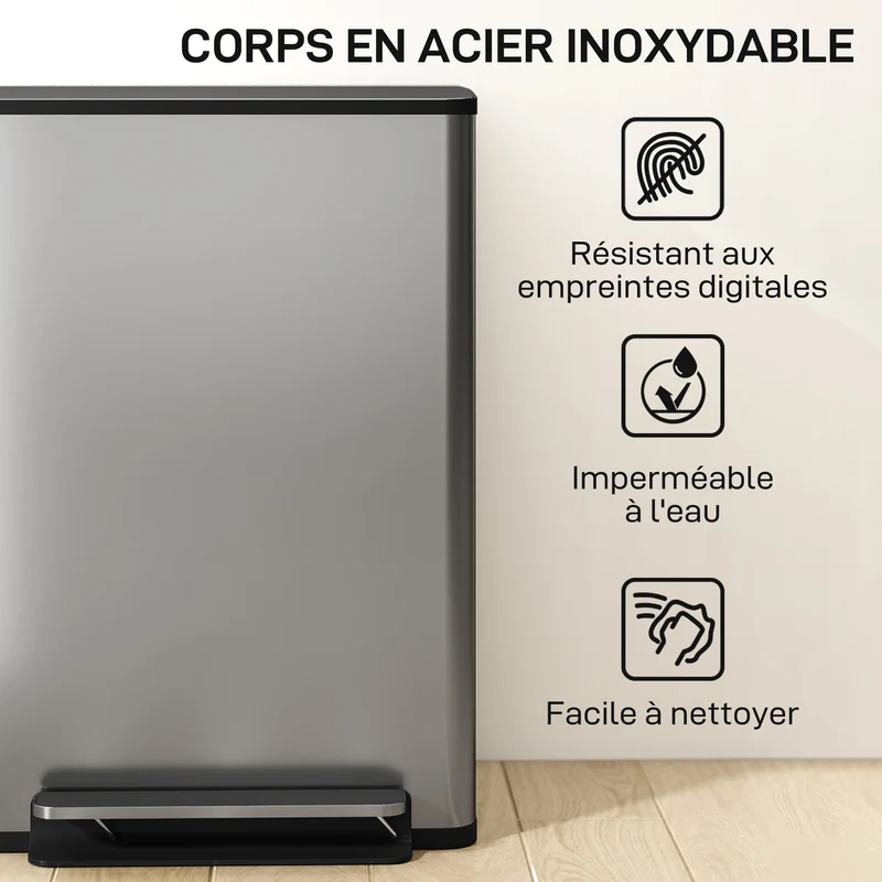 Poubelle de cuisine à pédale 42 x 37 x 62 cm fermeture douce seau amovible moderne épuré en acier inoxydable argenté 21_0005931