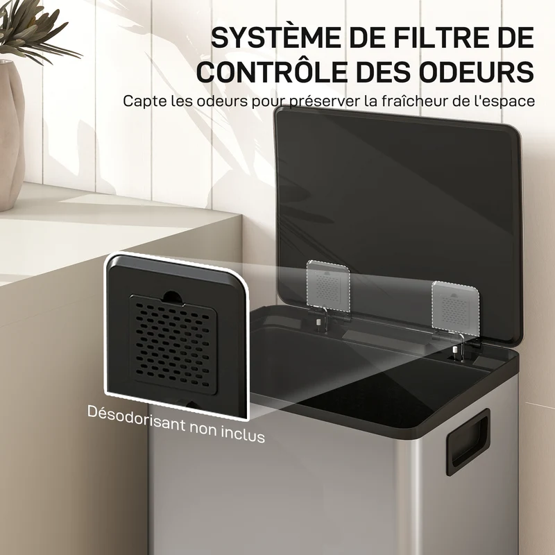 Poubelle de cuisine à pédale 42 x 37 x 62 cm fermeture douce seau amovible moderne épuré en acier inoxydable argenté 21_0005931