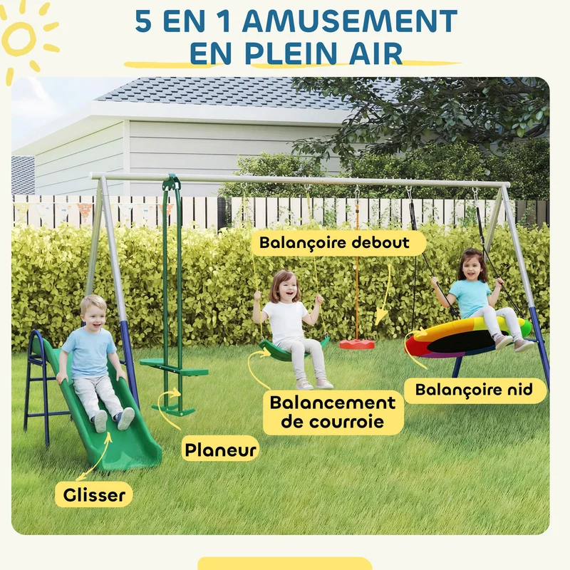 Portique balançoire enfants 5 en 1 jardin 382 x 196 x 203 cm réglable sécurité antirouille scandinave en acier rouge 21_0000387