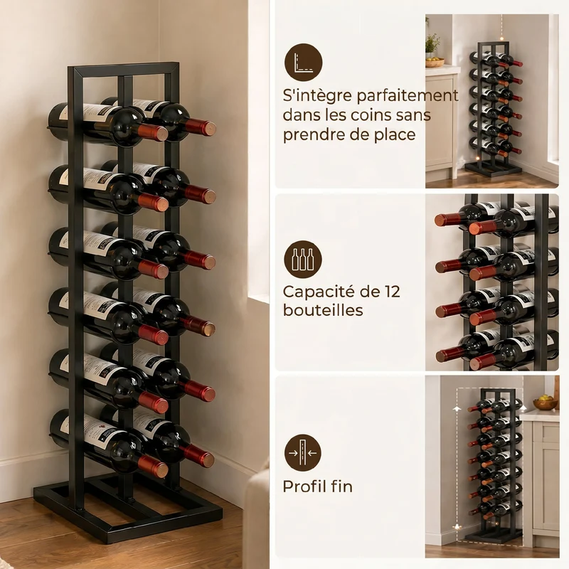 Porte-bouteilles 12 bouteilles sur pied 31 x 23 x 84,5 cm étroit anti basculement style industriel élégant en métal noir 21_0001073