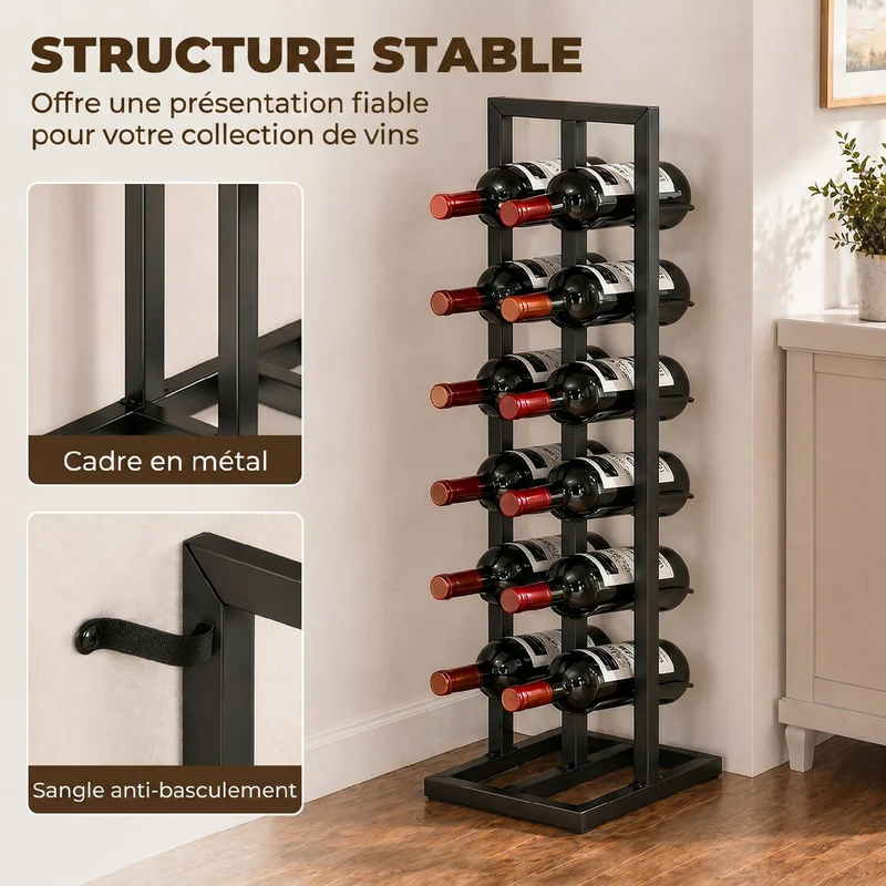 Porte-bouteilles 12 bouteilles sur pied 31 x 23 x 84,5 cm étroit anti basculement style industriel élégant en métal noir 21_0001073