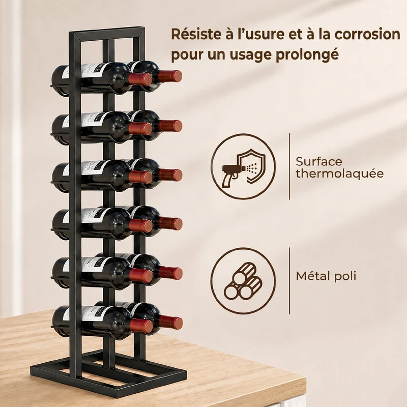 Porte-bouteilles 12 bouteilles sur pied 31 x 23 x 84,5 cm étroit anti basculement style industriel élégant en métal noir 21_0001073