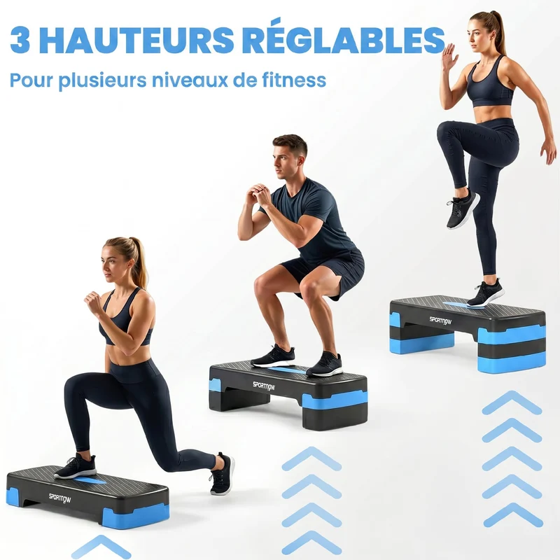 Plateforme d'aérobic réglable 68 x 29 x 20 cm hauteurs 10 15 20 cm surface antidérapante moderne épuré cosy en PP bleu 21_0006743