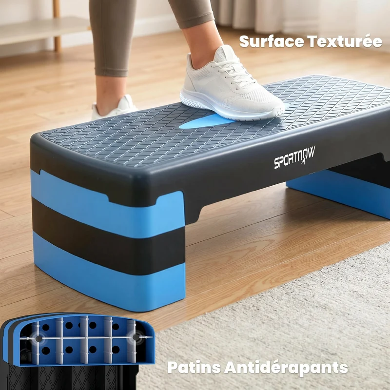 Plateforme d'aérobic réglable 68 x 29 x 20 cm hauteurs 10 15 20 cm surface antidérapante moderne épuré cosy en PP bleu 21_0006743