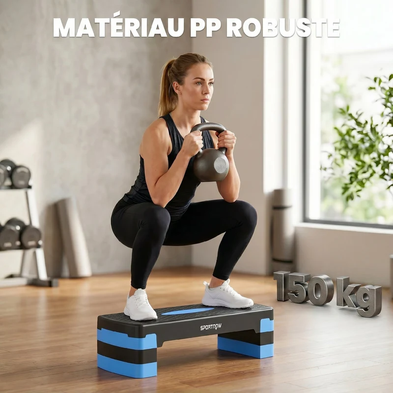 Plateforme d'aérobic réglable 68 x 29 x 20 cm hauteurs 10 15 20 cm surface antidérapante moderne épuré cosy en PP bleu 21_0006743