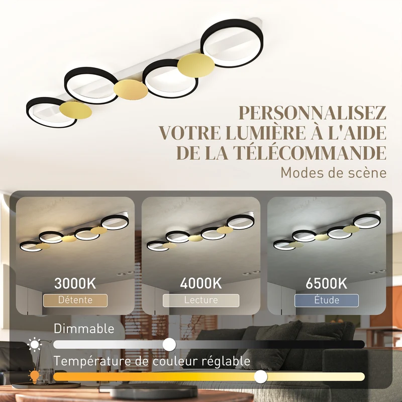 Plafonnier led plat salon 100 x 31 x 7 cm télécommande dimmable éclairage uniforme moderne contemporain en acier doré 21_0007069