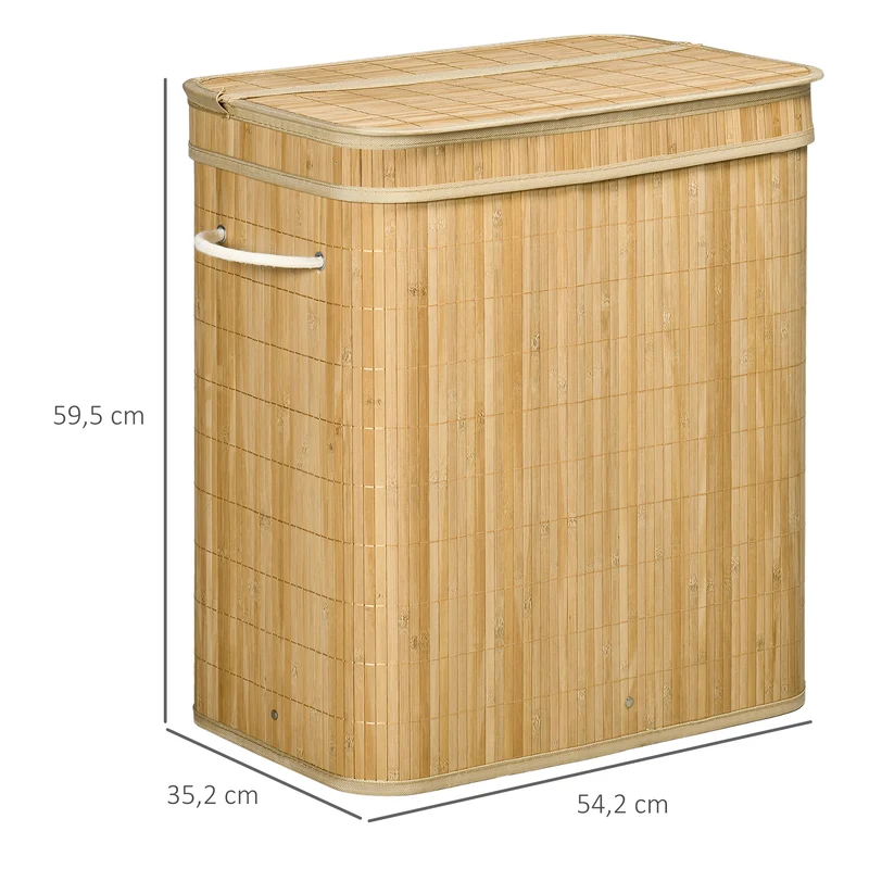 Panier à linge pour salle de bains 54,2 x 35,2 x 59,5 cm 2 sections sac amovible scandinave épuré en bambou naturel 21_0005834