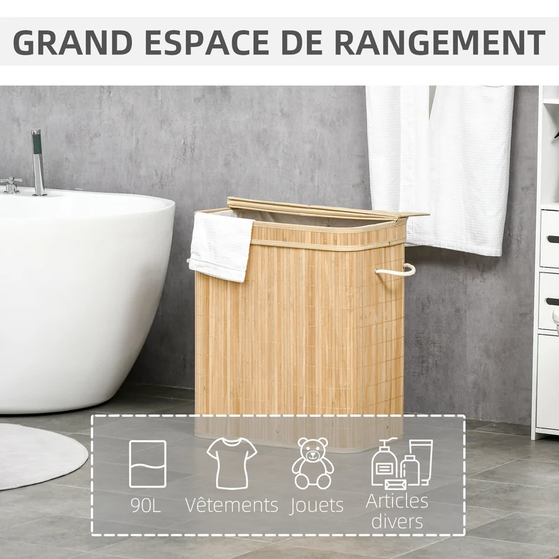 Panier à linge pour salle de bains 54,2 x 35,2 x 59,5 cm 2 sections sac amovible scandinave épuré en bambou naturel 21_0005834