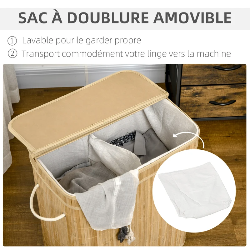 Panier à linge pour salle de bains 54,2 x 35,2 x 59,5 cm 2 sections sac amovible scandinave épuré en bambou naturel 21_0005834