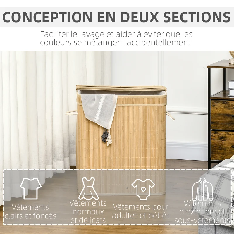 Panier à linge pour salle de bains 54,2 x 35,2 x 59,5 cm 2 sections sac amovible scandinave épuré en bambou naturel 21_0005834
