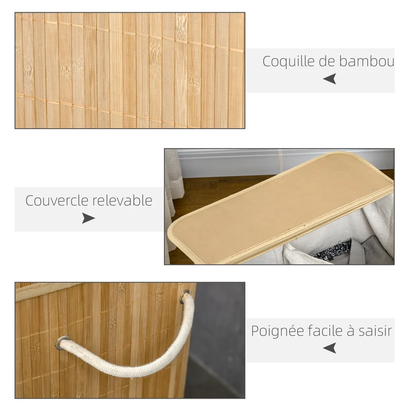 Panier à linge pour salle de bains 54,2 x 35,2 x 59,5 cm 2 sections sac amovible scandinave épuré en bambou naturel 21_0005834