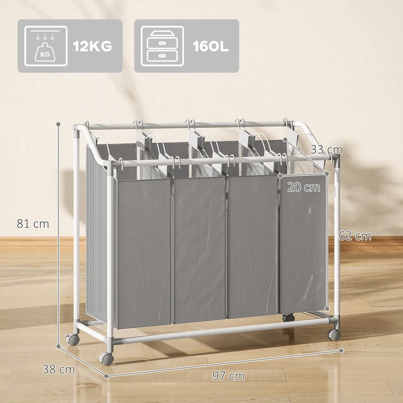 Panier à linge mobile buanderie 97 x 38 x 81 cm tri 4 sacs amovibles roulettes freinables moderne épuré en métal gris 21_0005888