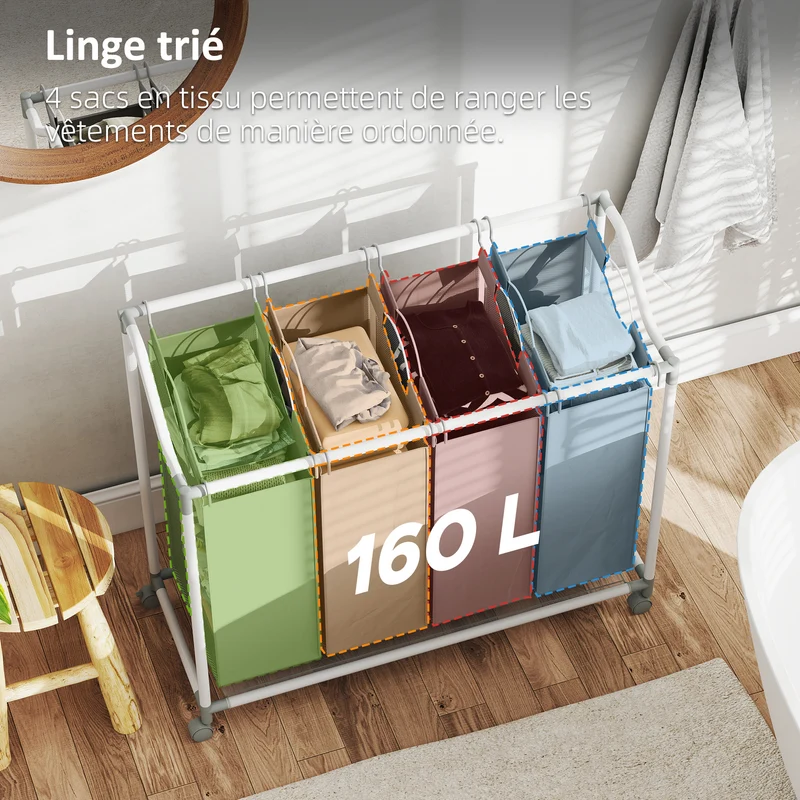 Panier à linge mobile buanderie 97 x 38 x 81 cm tri 4 sacs amovibles roulettes freinables moderne épuré en métal gris 21_0005888