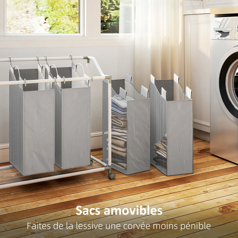 Panier à linge mobile buanderie 97 x 38 x 81 cm tri 4 sacs amovibles roulettes freinables moderne épuré en métal gris 21_0005888