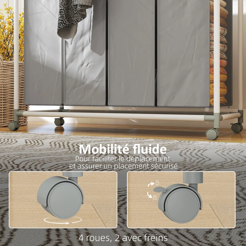 Panier à linge mobile buanderie 97 x 38 x 81 cm tri 4 sacs amovibles roulettes freinables moderne épuré en métal gris 21_0005888