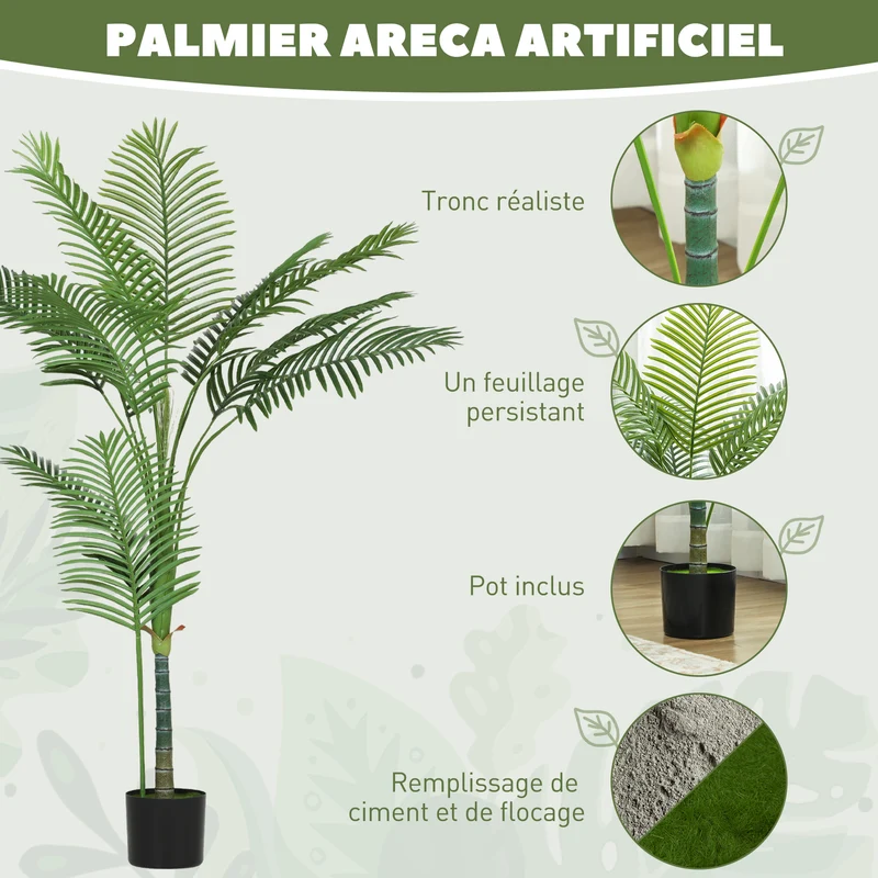 Palmier artificiel intérieur salon 150 x 18 x 13 cm sans entretien pot lesté tropicale contemporain en plastique vert 21_0003690