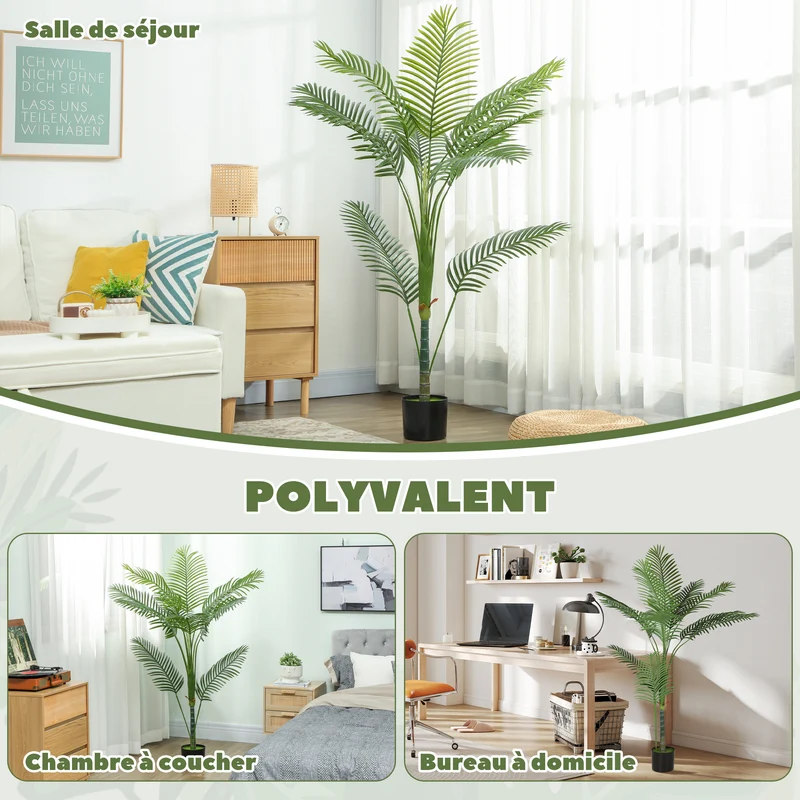 Palmier artificiel intérieur salon 150 x 18 x 13 cm sans entretien pot lesté tropicale contemporain en plastique vert 21_0003690