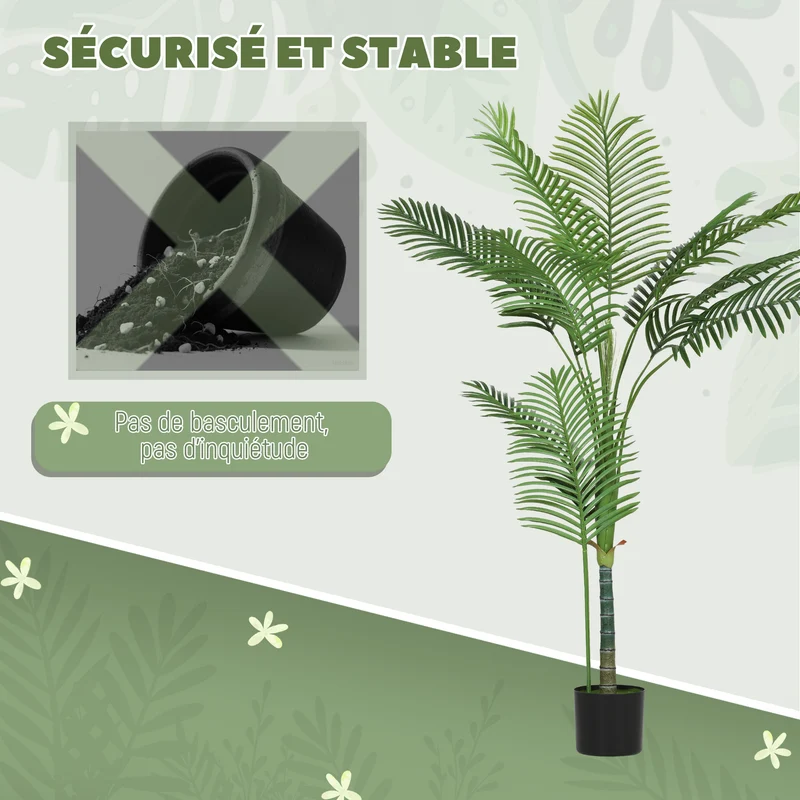 Palmier artificiel intérieur salon 150 x 18 x 13 cm sans entretien pot lesté tropicale contemporain en plastique vert 21_0003690