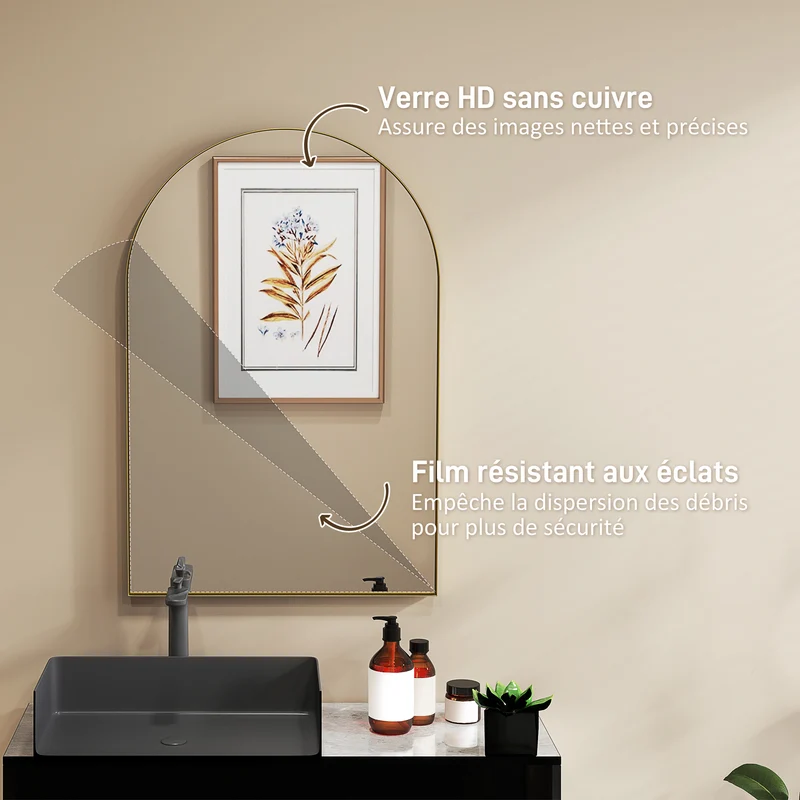 Miroir mural arqué salle de bain 60 x 3 x 90 cm résistant à la rouille avec film antiéclats moderne épuré en verre or 21_0002065