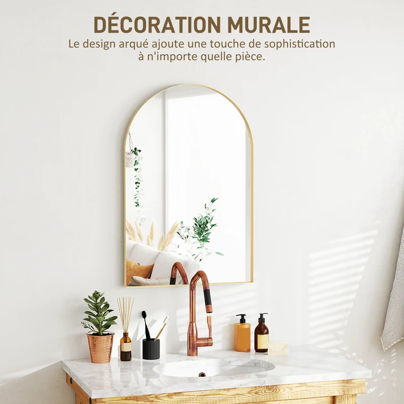 Miroir mural arqué salle de bain 60 x 3 x 90 cm résistant à la rouille avec film antiéclats moderne épuré en verre or 21_0002065